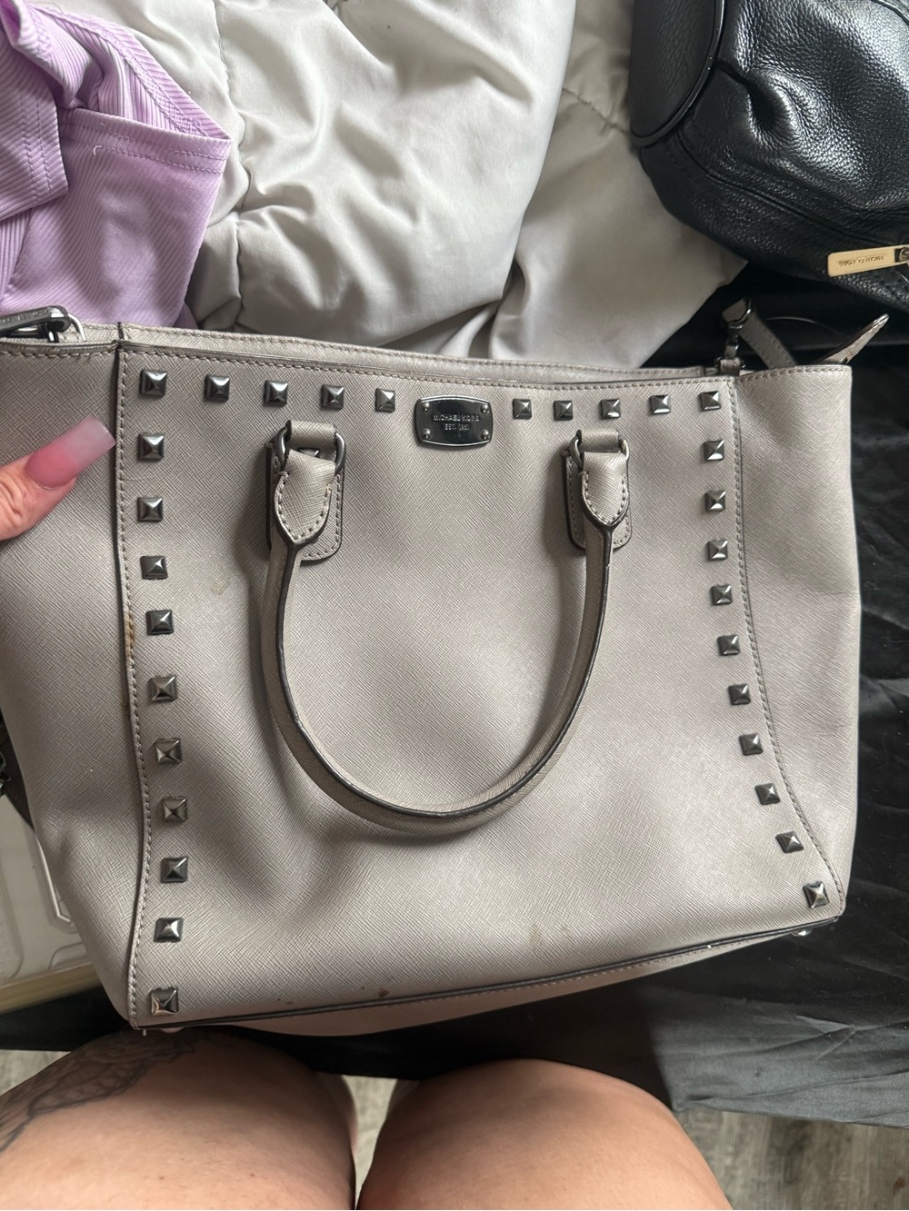 Michael Kors Gray Studded Saffiano Leather Satchel